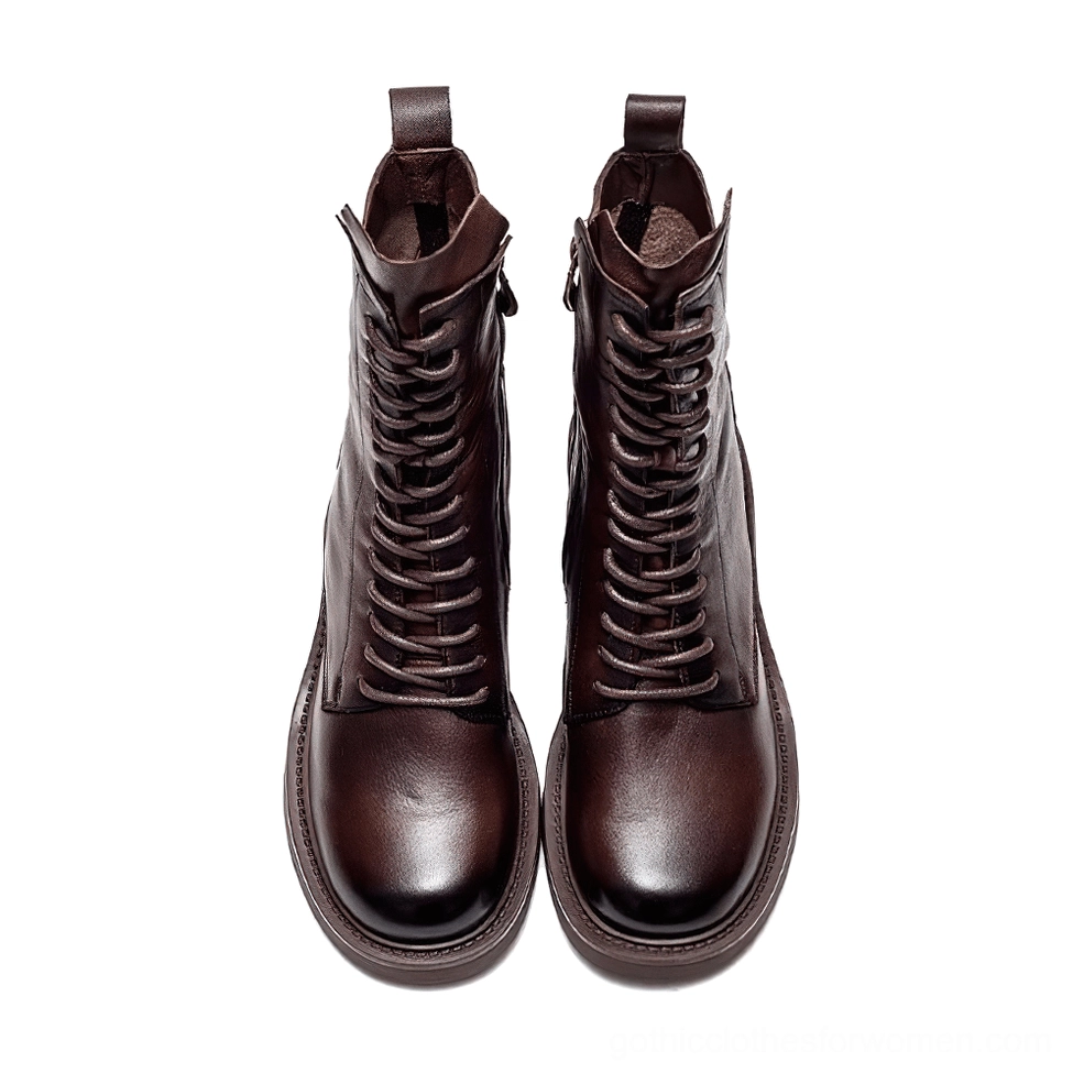 Brown polished vintage gothic leather ankle boots with lace-up details and square heel, front perspective