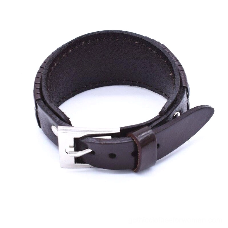 Brown leather gothic cuff bracelet side-front view with silver metal buckle and smooth leather aesthetic