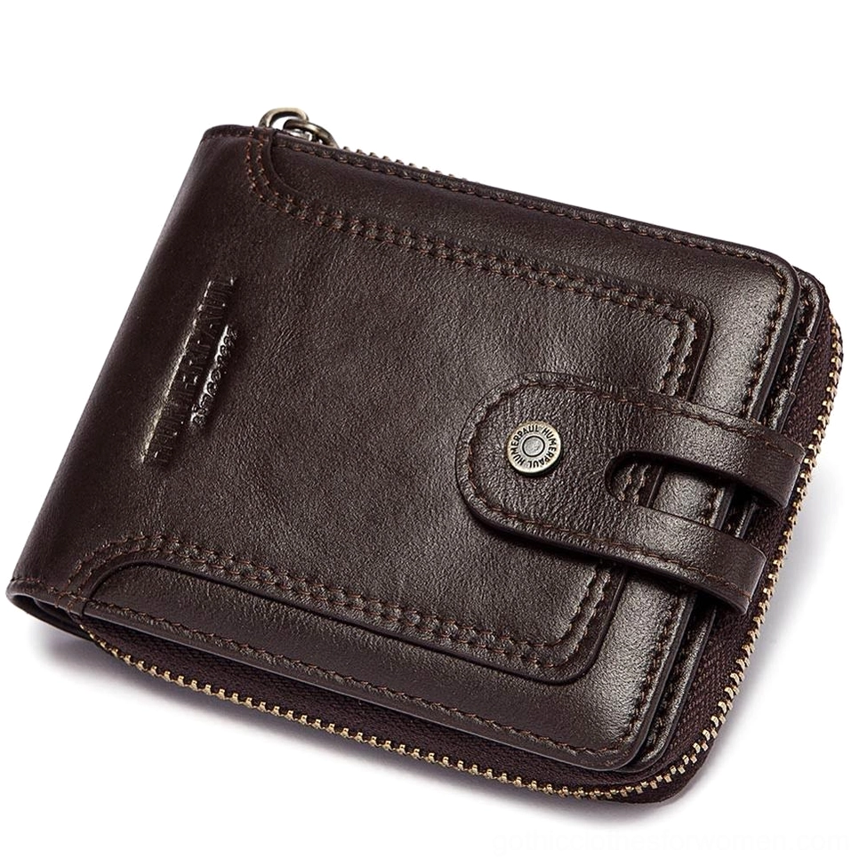 Dark brown genuine leather gothic wallet right front view showing button fastener and zipper detailing