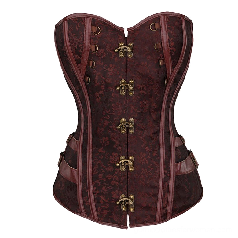 Brown floral gothic overbust corset front with side waist buckles and steampunk styling