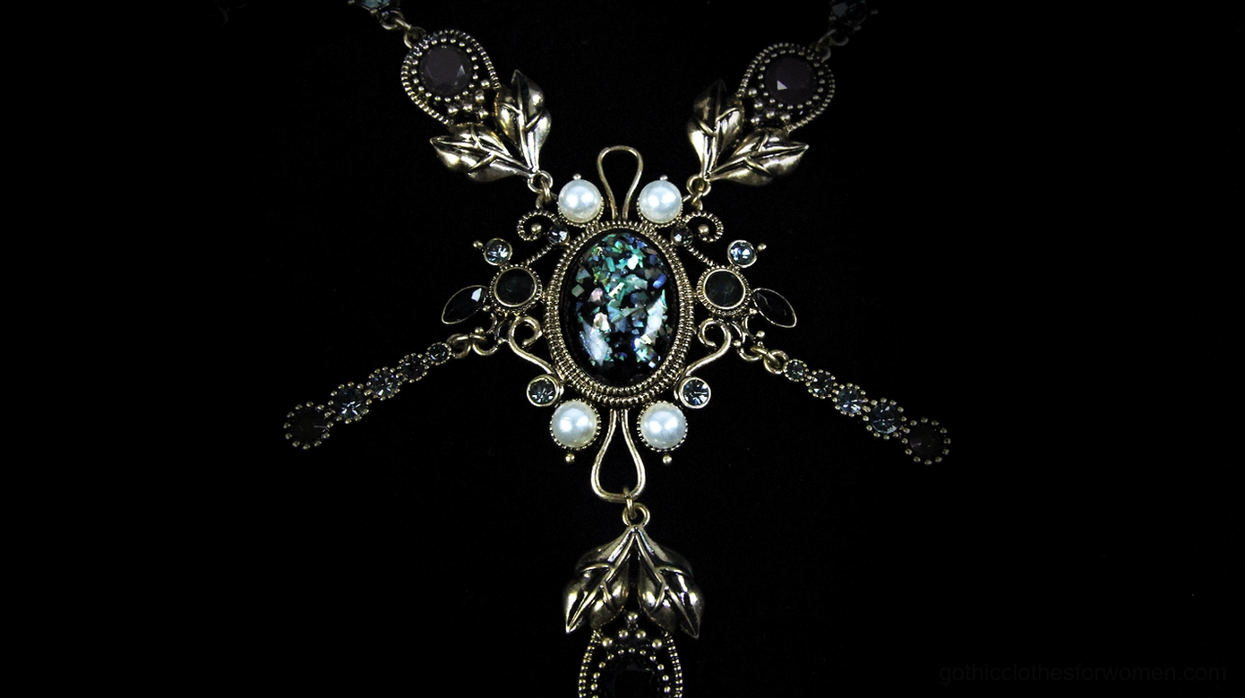 Brown gothic pearl pendant necklace full length display, Victorian-inspired antique bronze ornamental design