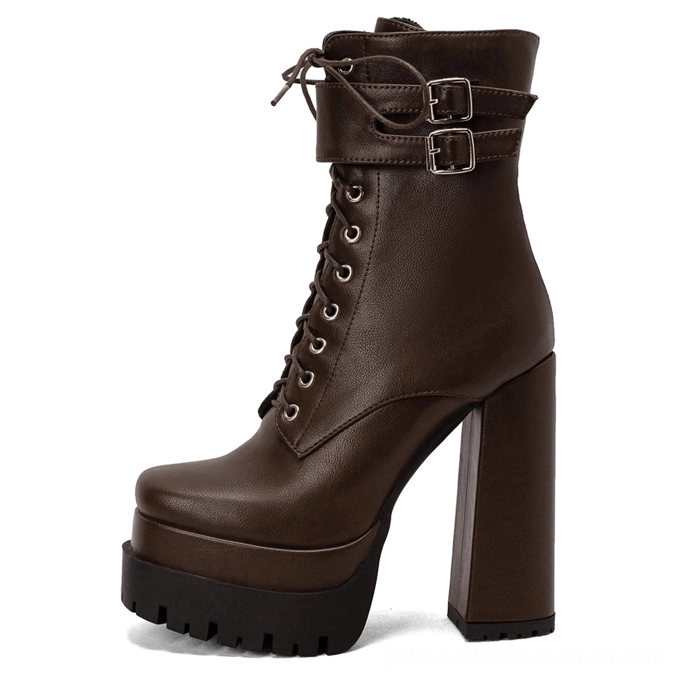Brown gothic platform ankle boots side view with dual buckles and elevated platform sole