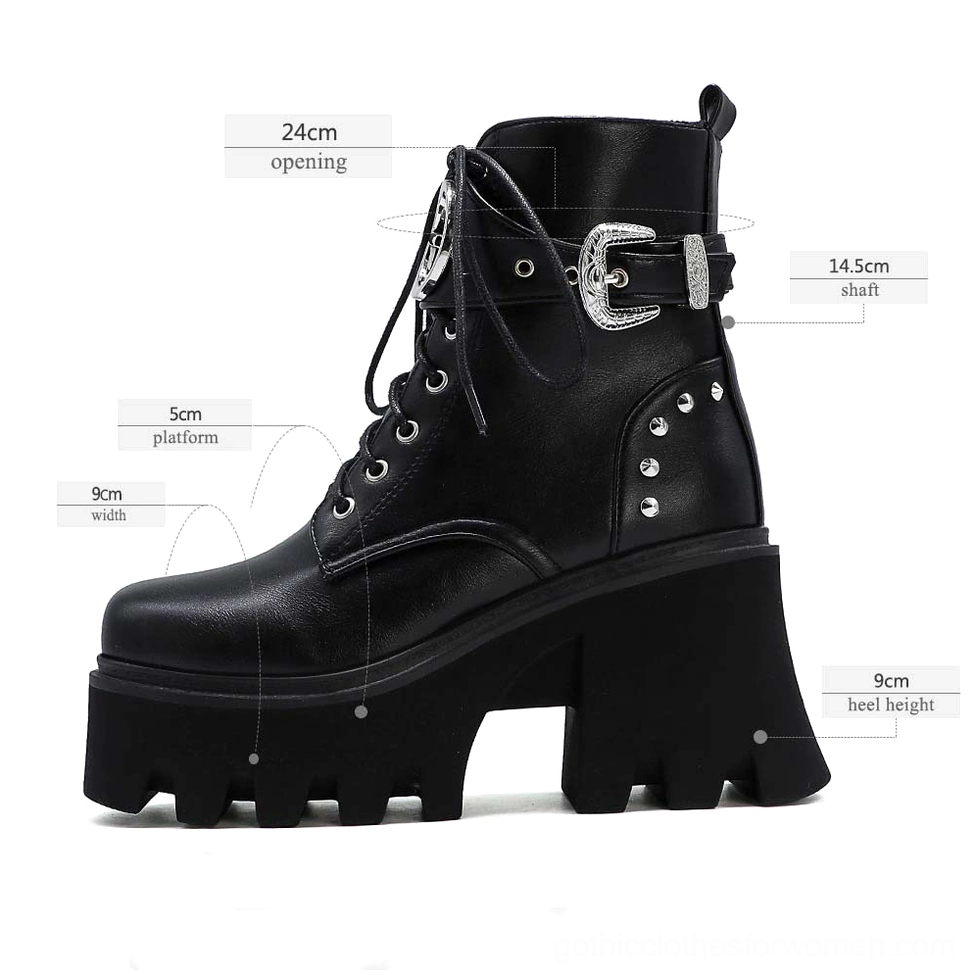 Brown gothic platform combat boots featuring chunky square heel and elevated platform sole, right three-quarter view with size callouts
