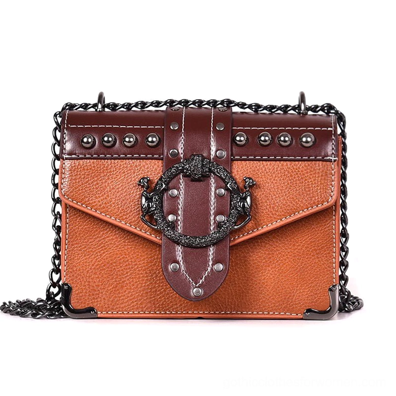 Brown tan studded gothic square bag with dark metal chain and ornate buckle - earthy gothic aesthetic