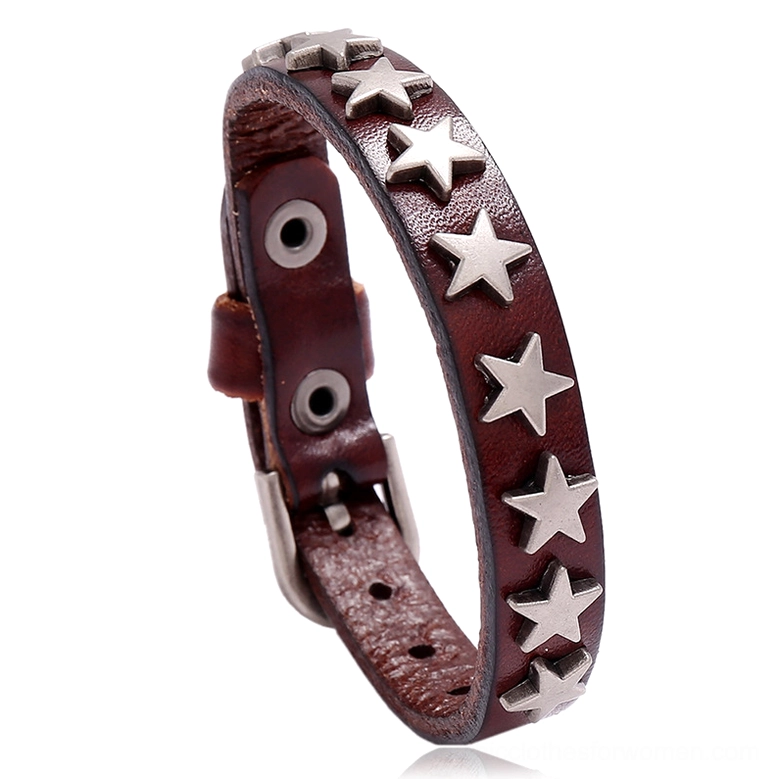 Brown gothic star leather bracelet close-up front view with distressed leather texture and antique silver star studs