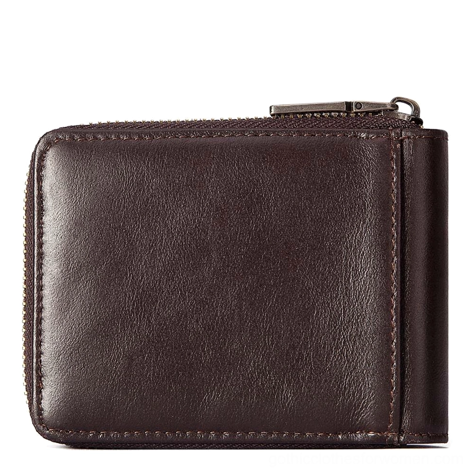 Dark brown leather gothic wallet side profile showcasing metal zipper hardware and thick leather texture