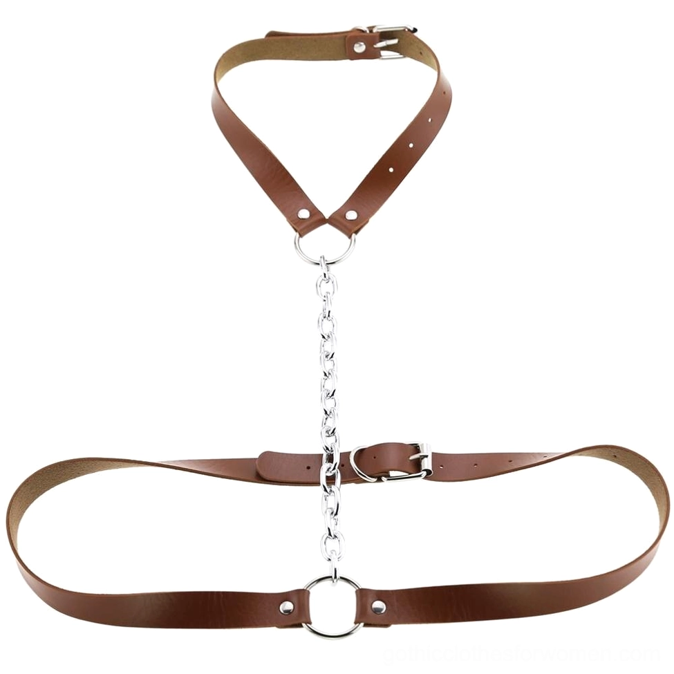Brown faux leather gothic body harness with metal chain accessories and O-ring details flat lay