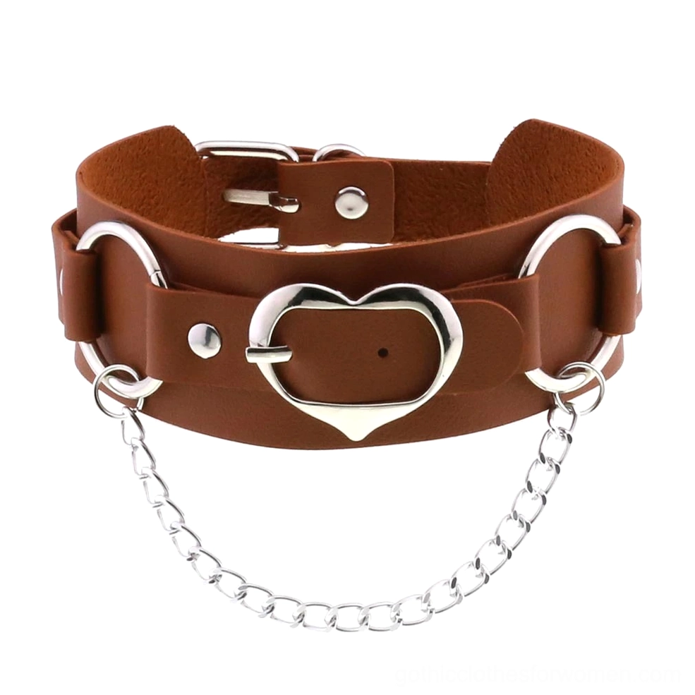 Brown leather chain choker with adjustable design and silver heart hardware pendant