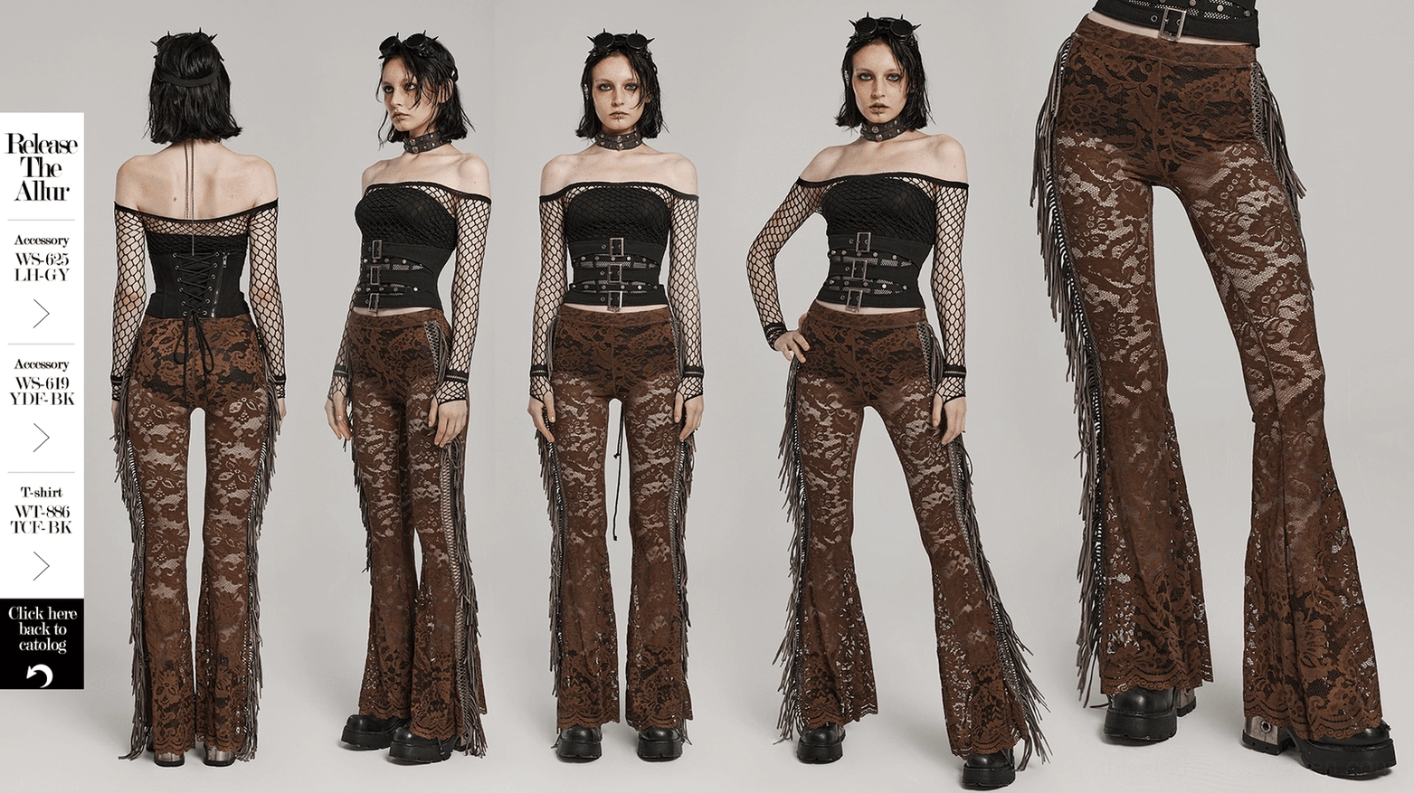 Product showcase of brown lace gothic flare pants with decorative fringe, front angle display on white background