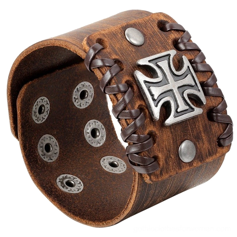 Brown leather Celtic cross cuff bracelet - angled front view displaying silver cross ornament and braided leather trim