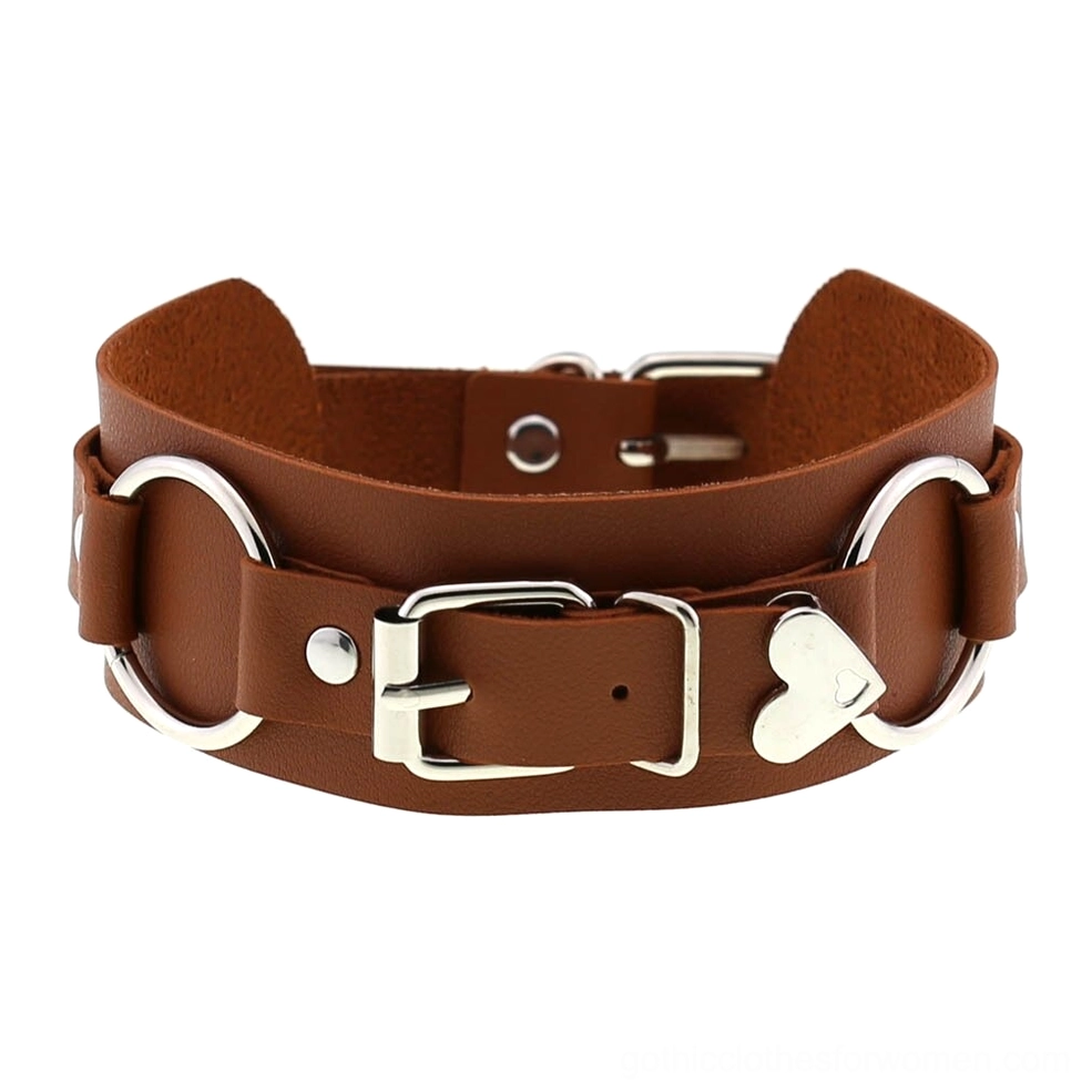 Brown leather choker with vintage silver buckles and adjustable strap with heart decor