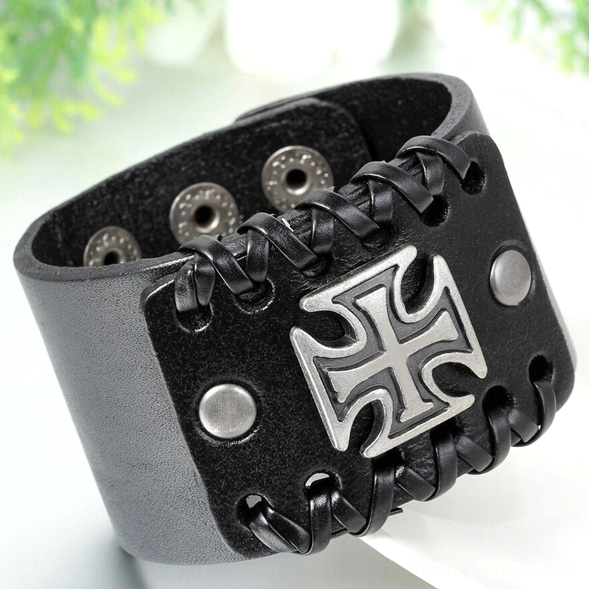 Brown wide leather cuff bracelet - plain design without cross ornament showing snap button closure system