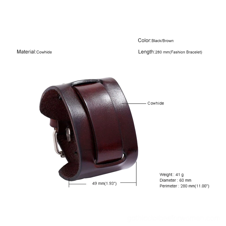 Brown leather gothic cuff bracelet with product specifications and cowhide material detail, labeled sizing view