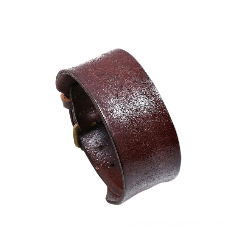 Brown wide leather gothic bracelet with vintage leather grain and adjustable metal buckle detail