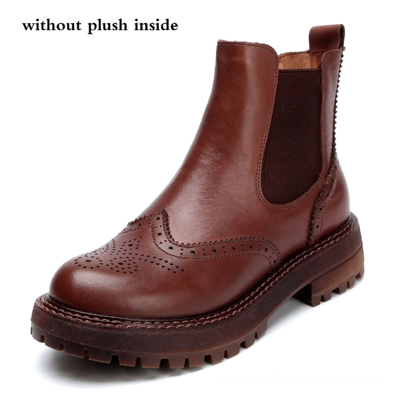 Rich brown leather brogue Chelsea platform boots with dark lug sole - front three-quarter angle