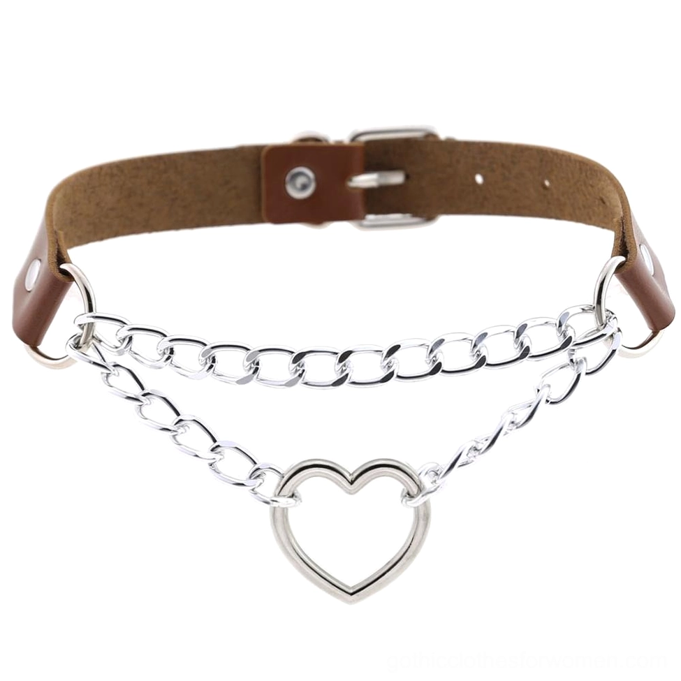 Brown leather heart choker with silver chains - gothic punk style pendant necklace