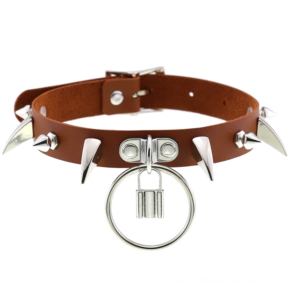 Brown leather spiked gothic choker collar with adjustable buckle and metal hardware