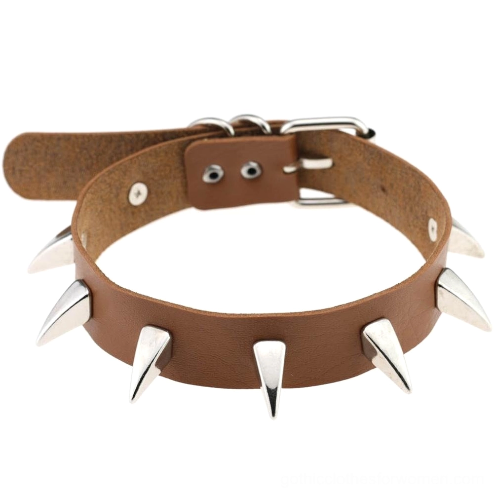 Brown spiked leather gothic choker with matte leather finish and silver spike studs detail