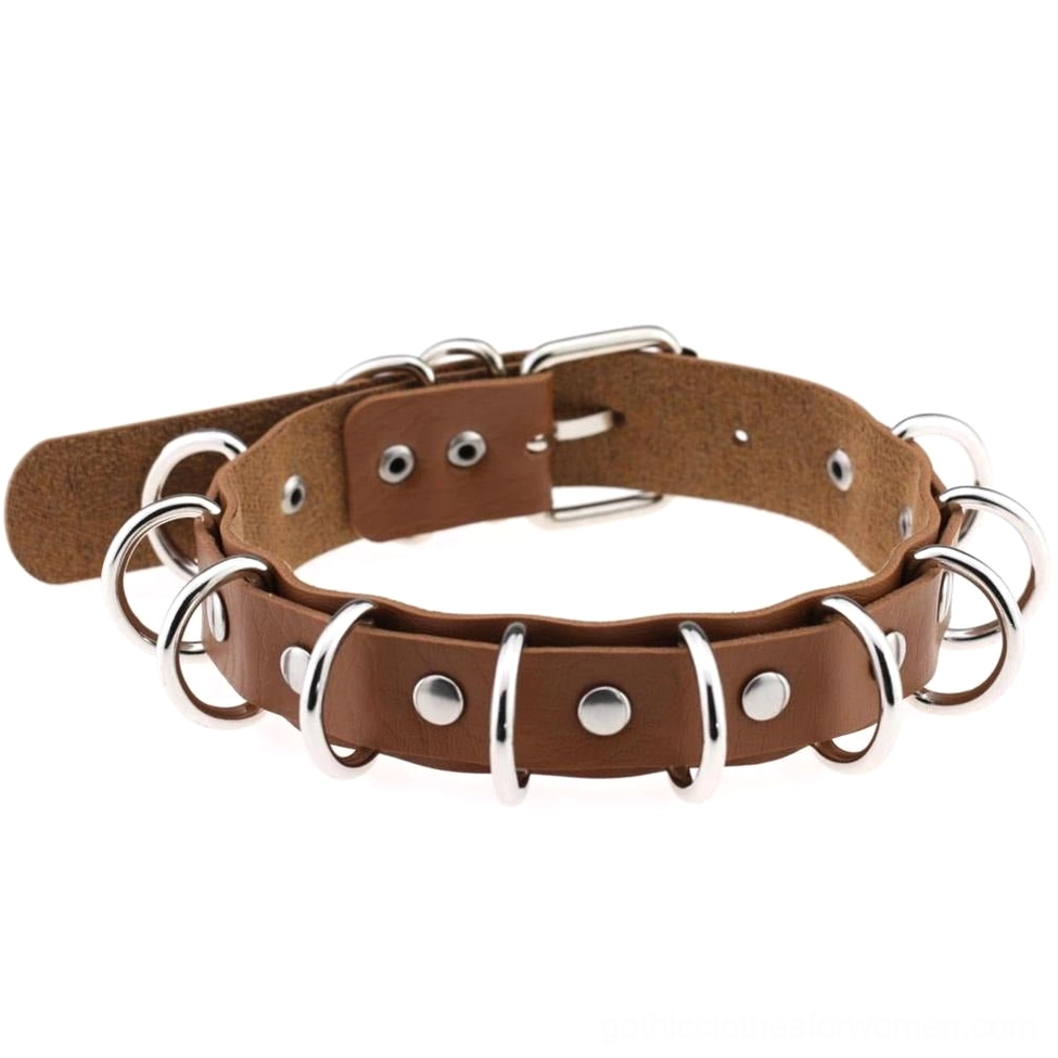 Medium brown leather choker with silver metal rings, alternative fashion accessory