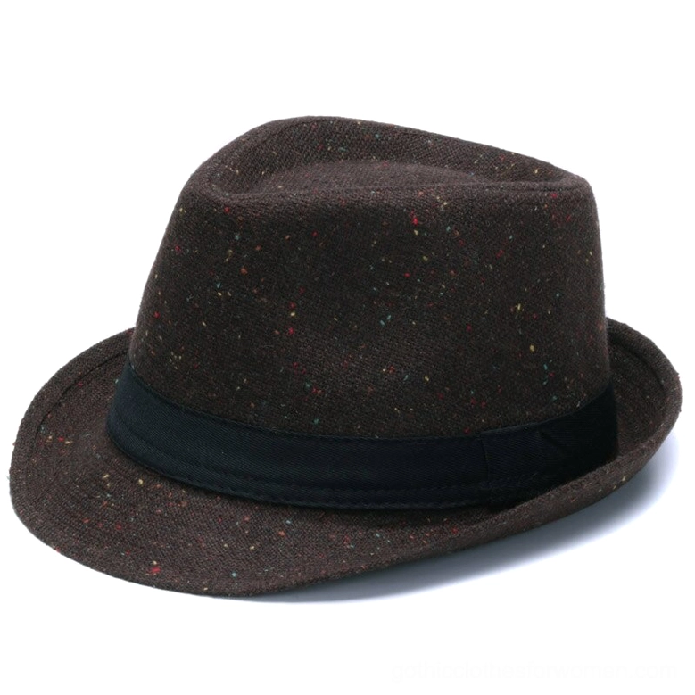 Brown speckled tweed gothic fedora hat with wide brim and black ribbon trim in side-front profile