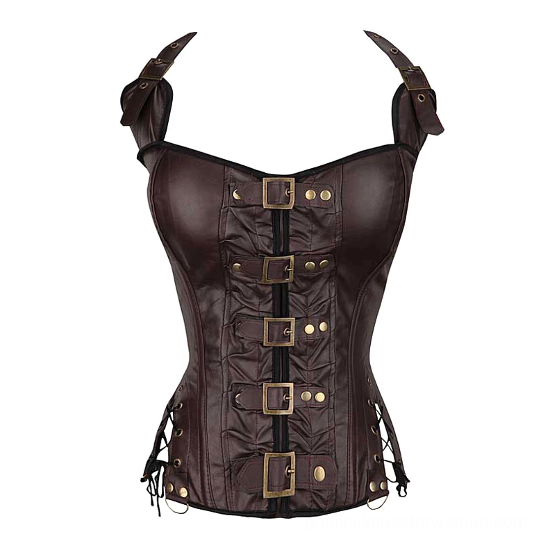 Brown steampunk corset front flat display, showing dark faux leather with metal rivets, square metal buckle fasteners, and industrial-inspired design details