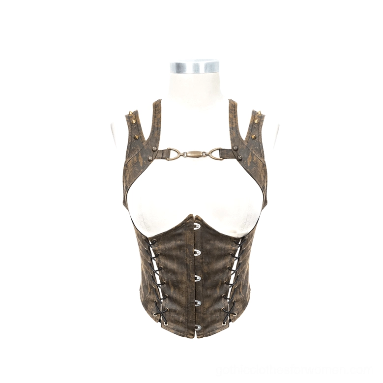Front product shot of brown steampunk corset vest on mannequin displaying bronze rivets and buckles