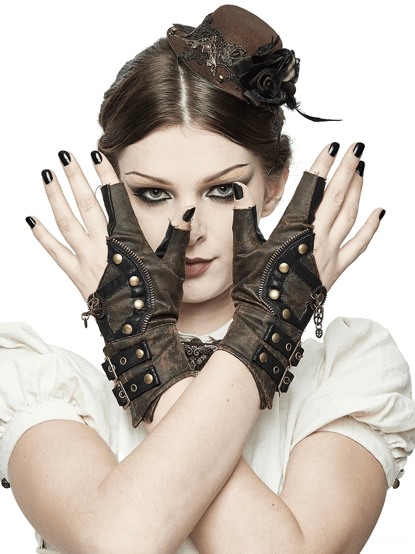 Brown fingerless steampunk leather gloves with antique rivets worn by model with gothic makeup in studio setting