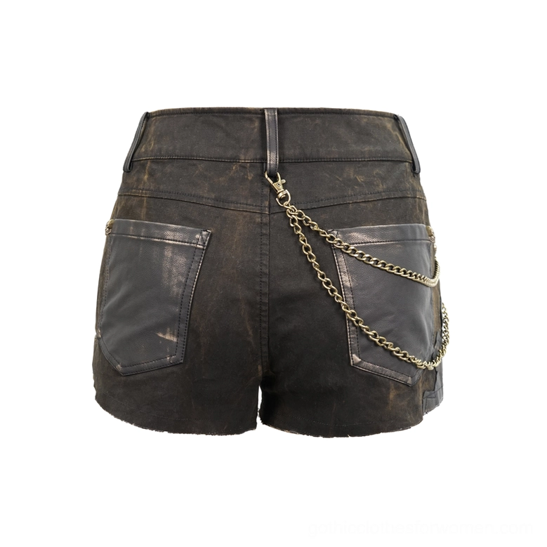 Brown steampunk shorts back flat lay - dual leather pockets with waist chain decoration