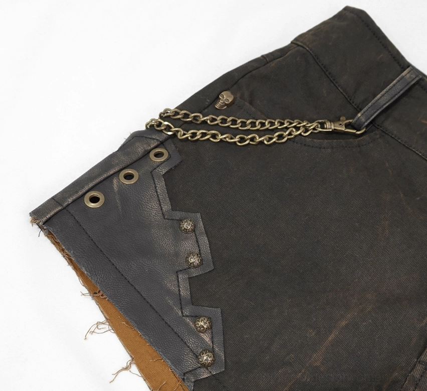Brown steampunk shorts side decoration close-up - brass chain with leather panel and rivets