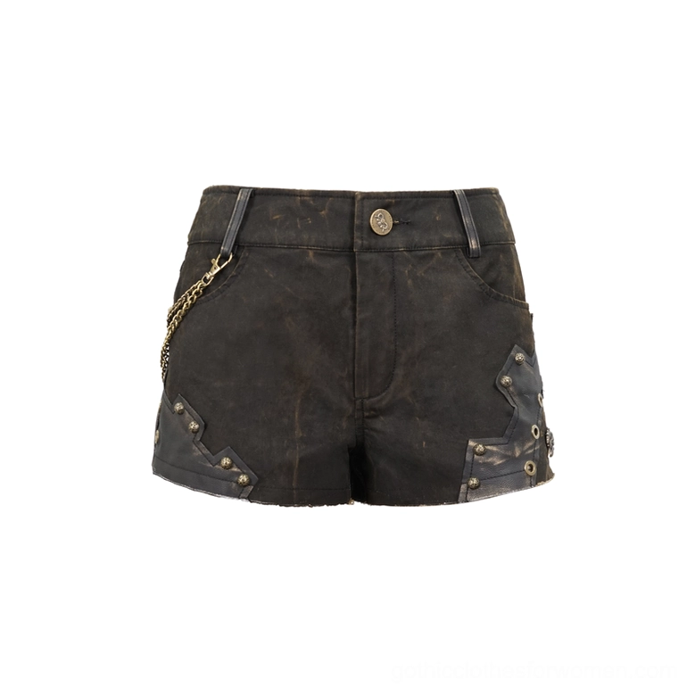 Brown steampunk shorts flat lay front - waxed leather with brass button and chain accents detail