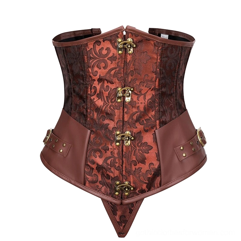 Brown steampunk underbust corset with brass metal buckles and leather trims - flat display front view