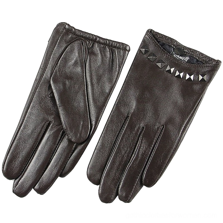 Dark brown genuine leather studded women's gloves with wrist rivets, available in multiple sizes