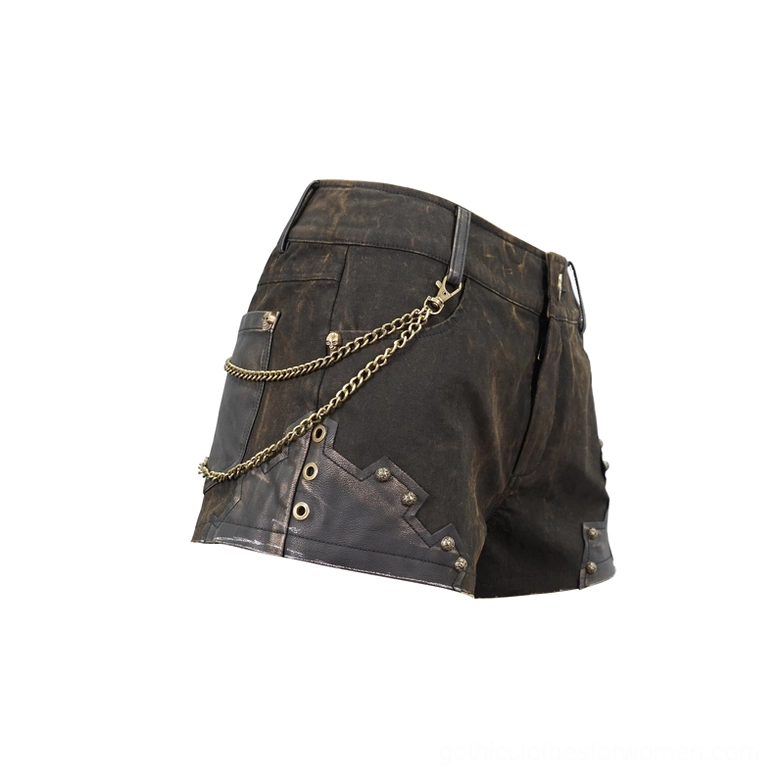 Brown studded shorts side angle view - leather panel with rivet and chain decorative details