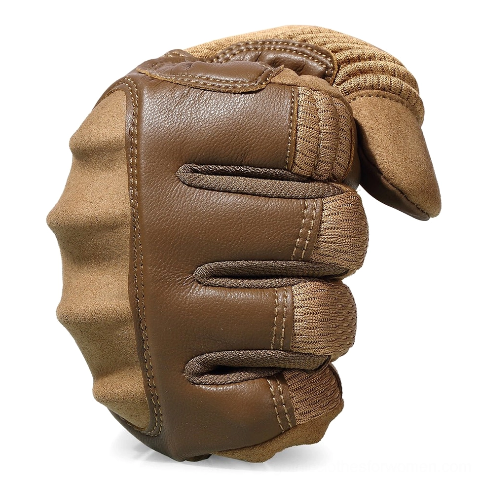 Brown tactical work gloves fist perspective with padded knuckles and stitched seams