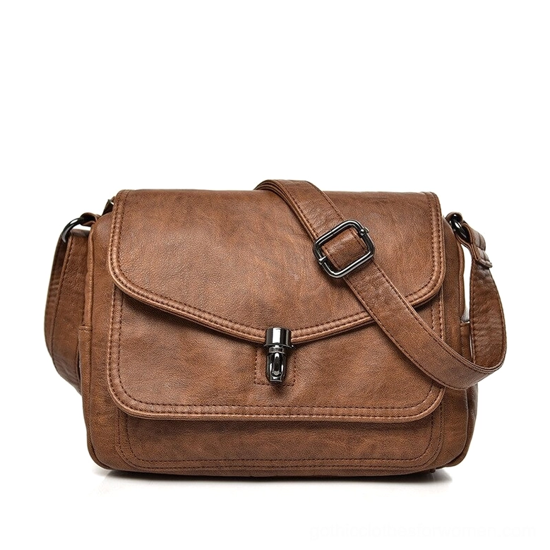 Brown soft leather gothic handbag, vintage crossbody bag with structured flap closure