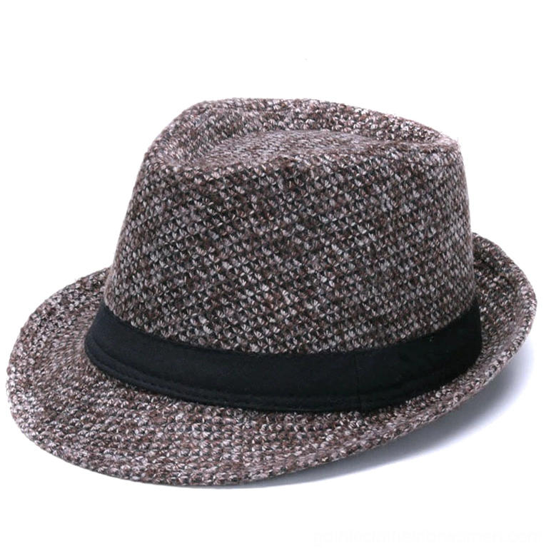 Brown wool fedora hat with black ribbon band, three-quarter side view showcasing vintage gothic aesthetic