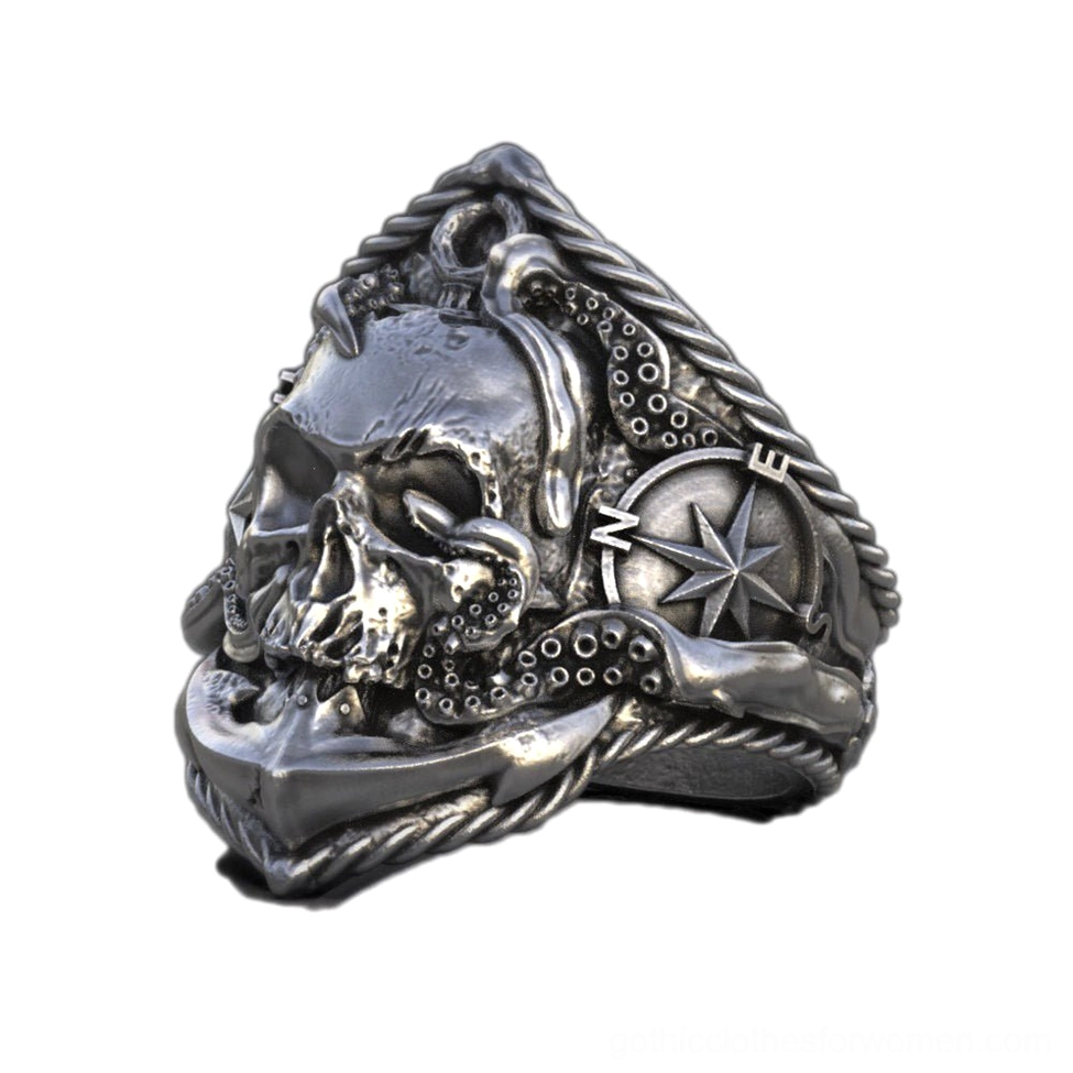 Buccaneer skull compass anchor ring side angle showing weathered silver tone with intricate nautical gothic engravings
