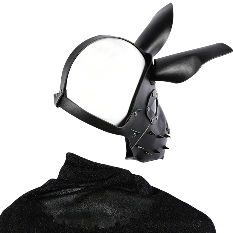Black bunny costume mask rear angled view displaying transparent inner head panel and rivets