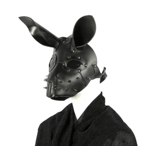 Adjustable bunny leather mask left side profile showing hollow eye cutouts and spike details