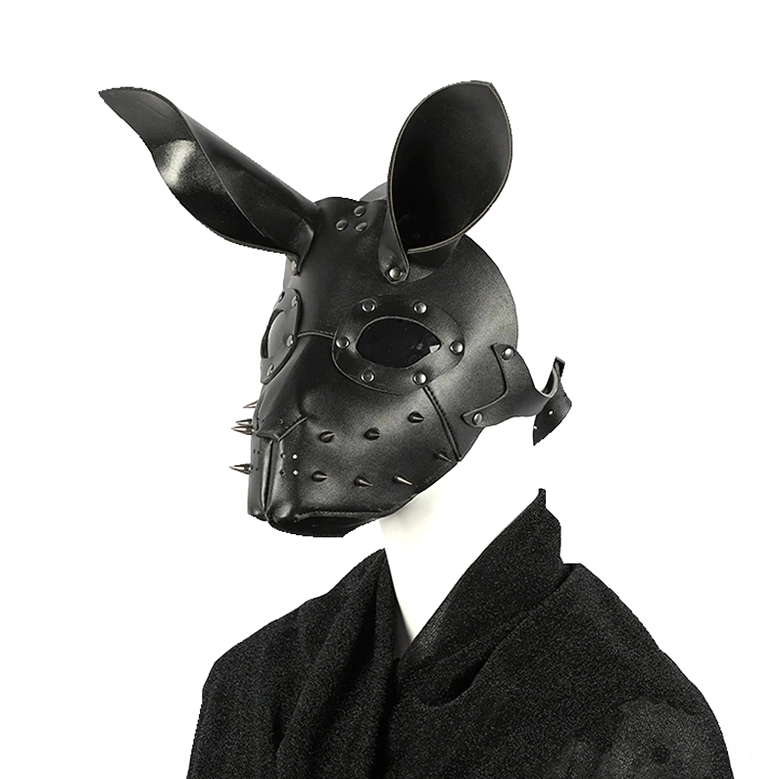 Adjustable bunny leather mask left side profile showing hollow eye cutouts and spike details