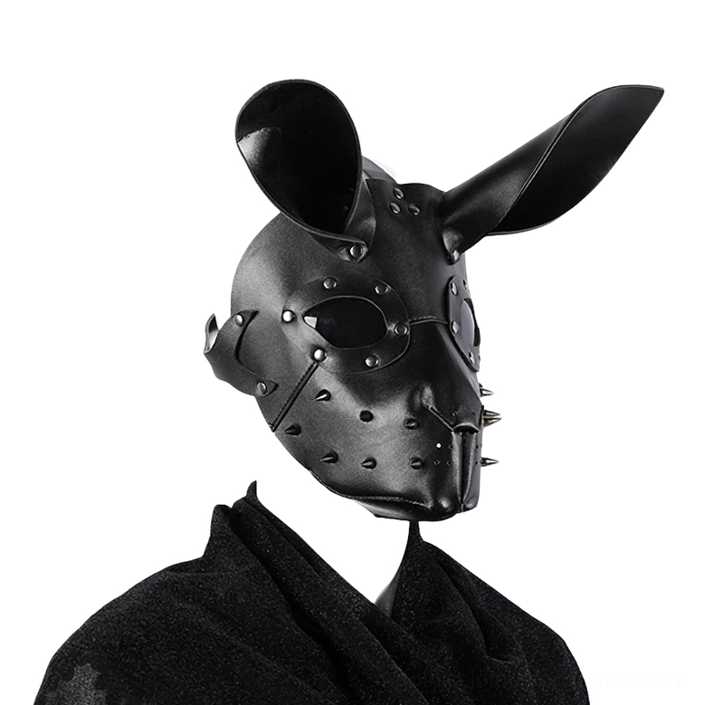 Black PU leather bunny mask right side view with asymmetrical ears and spiked mouth guard