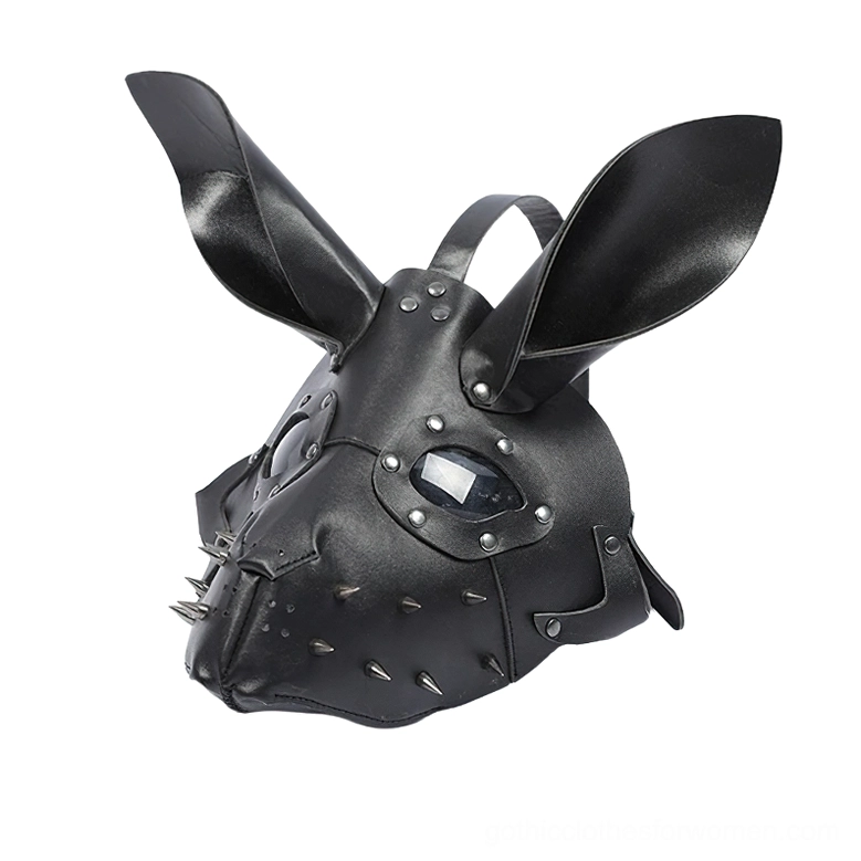 Unmounted glossy black bunny mask three-quarter front angle with transparent eye covers