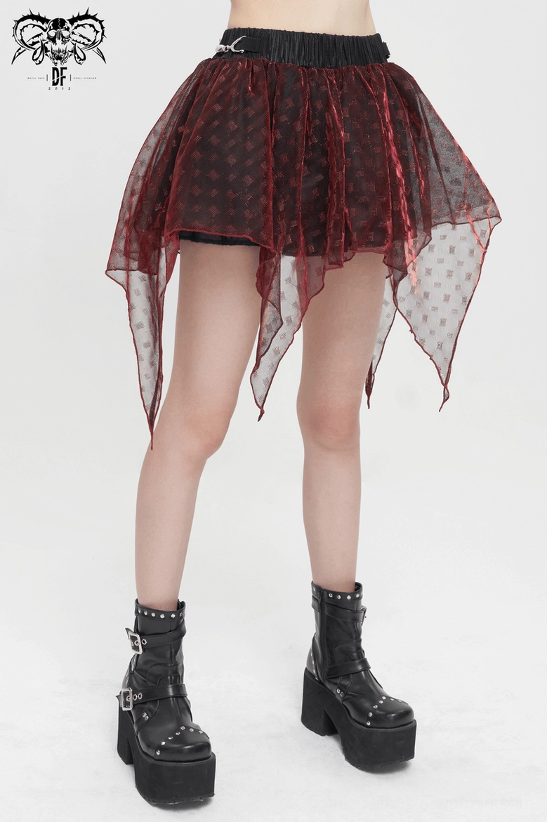 Burgundy asymmetric mesh gothic skirt side three-quarter view on model showing sheer overlay fabric detail