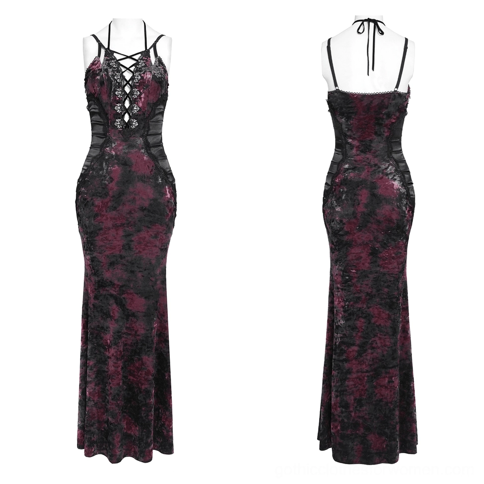 Front flat lay of black burgundy tie-dye gothic mermaid dress on mannequin showing lace-up bust detail and fitted silhouette