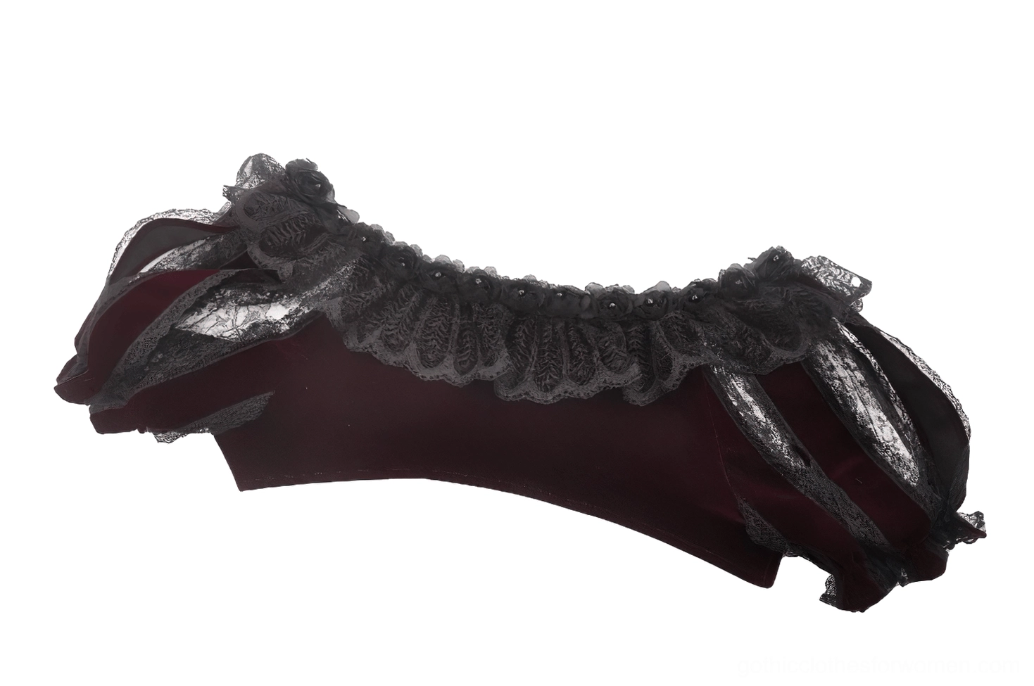 Close-up detail of burgundy bolero ruffled lace collar and premium velvet fabric construction