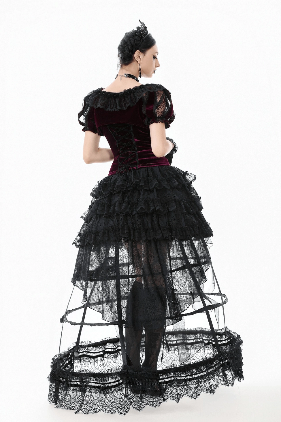 Burgundy bolero with dramatic black lace ruffles and rose embellishment details for gothic fashion
