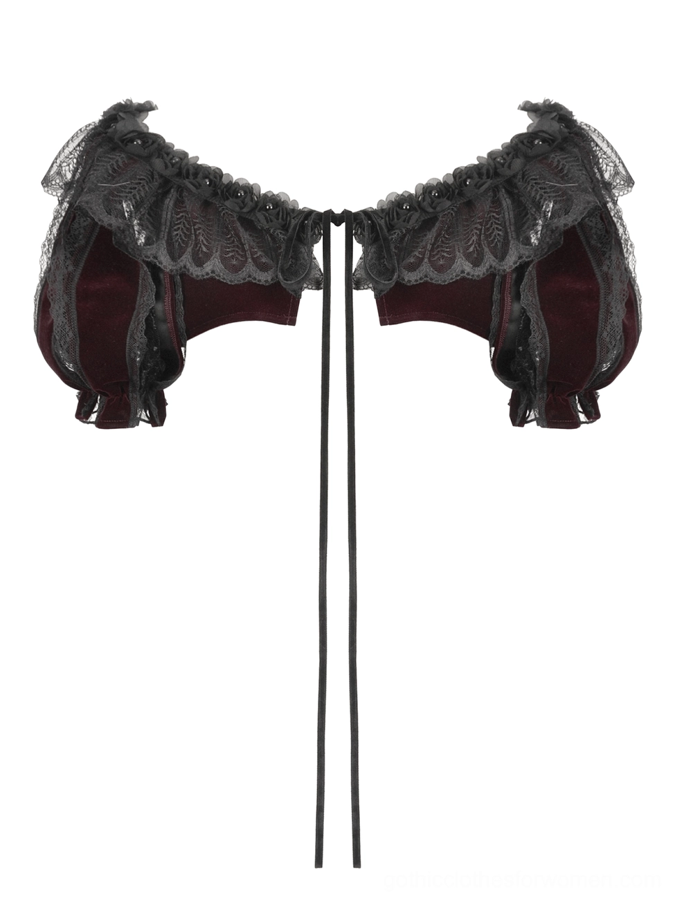 Flat lay back view of burgundy velvet bolero with black lace-up straps and layered lace accents
