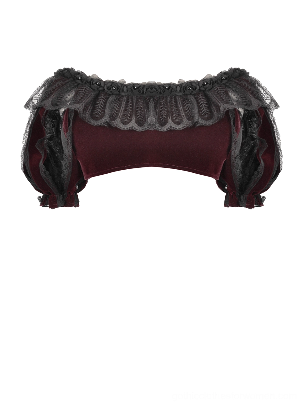 Front flat lay of burgundy bolero shrug showing ruffled lace neckline and wine-red velvet base fabric