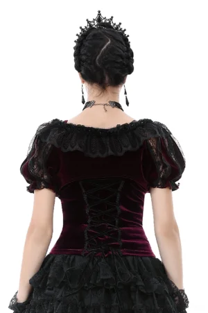 Back view of burgundy bolero shrug with layered lace detailing and adjustable ribbon ties