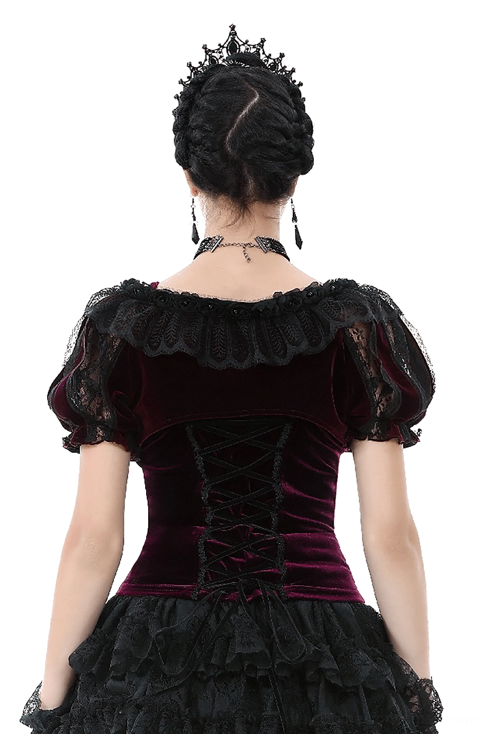 Back view of burgundy bolero shrug with layered lace detailing and adjustable ribbon ties